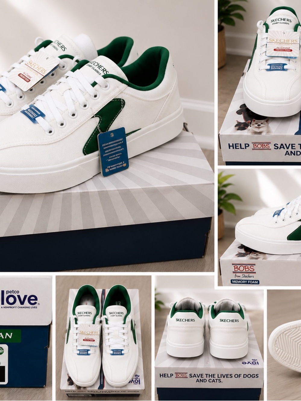 Skechers BOBS Court Classics White Green Sneakers Women’s Size 7 Memory Foam New